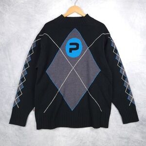 Vintage Y2K Paco Sweater Mens XL Black Blue Argyle Big Logo Mock Neck Pullover